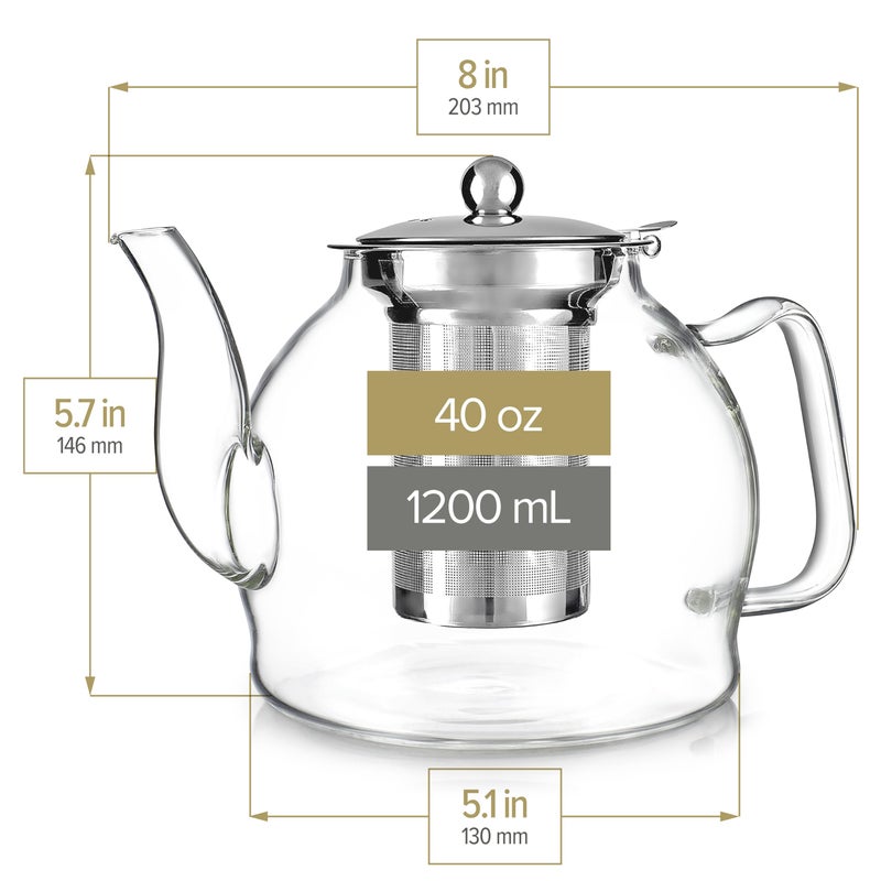 Teabloom Dublin Glass Teapot â€“ Fine Borosilicate Glass â€“ Stovetop and Microwave Safe â€“ Removable Stainless Infuser â€“ Ideal for Loose Leaf Tea â€“ Large Capacity â€“ 40 oz. / 1200 ml (4-5 Cups) - Image 4